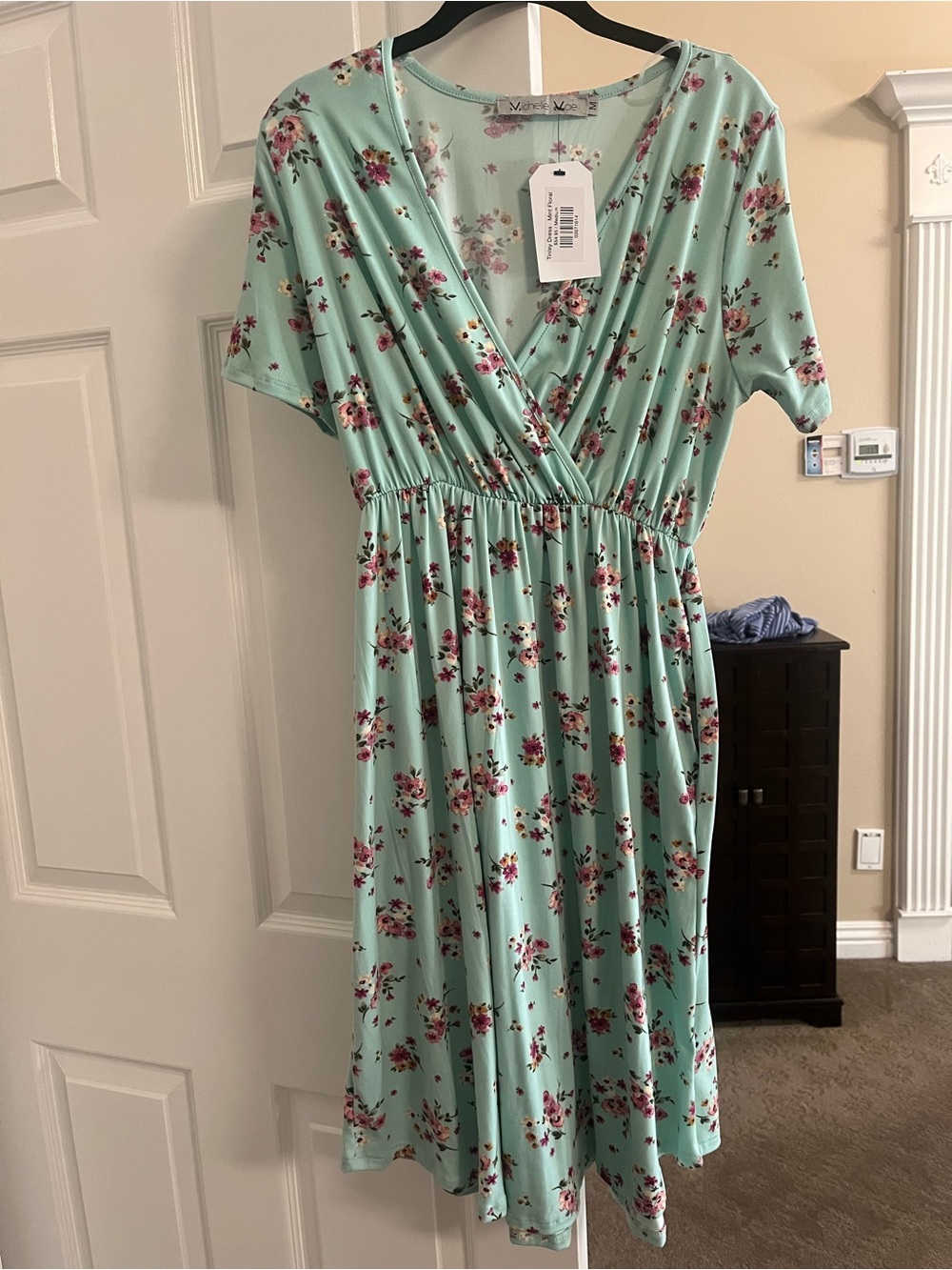 Michelle Mae Tinley Mint Floral Wrap Midi Dress with pockets
